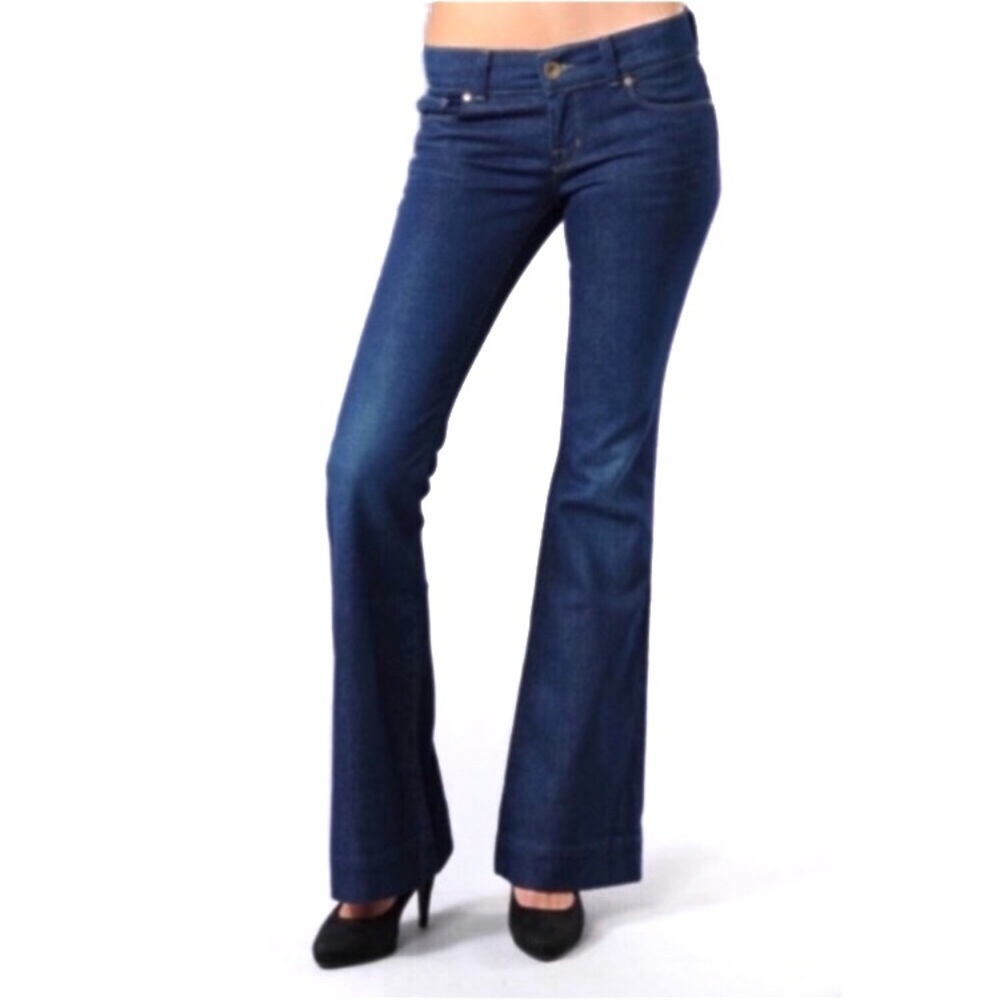 J Brand Designer Low Rise Dark Blue Wash Full Length Cotton Flare Jeans
